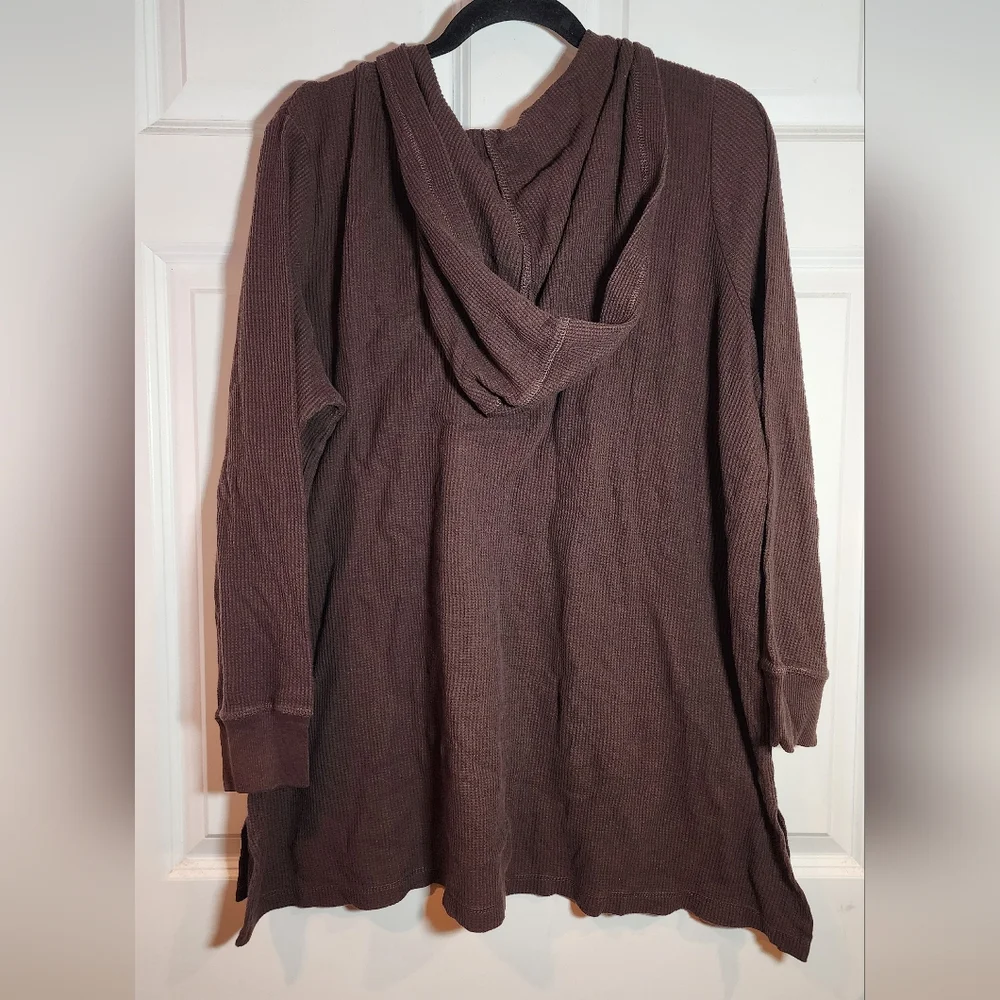 Woman Within Brown Waffle Knit Hooded Sweater with Lace-Up Detail 1X (22/24) - Picture 4 of 4